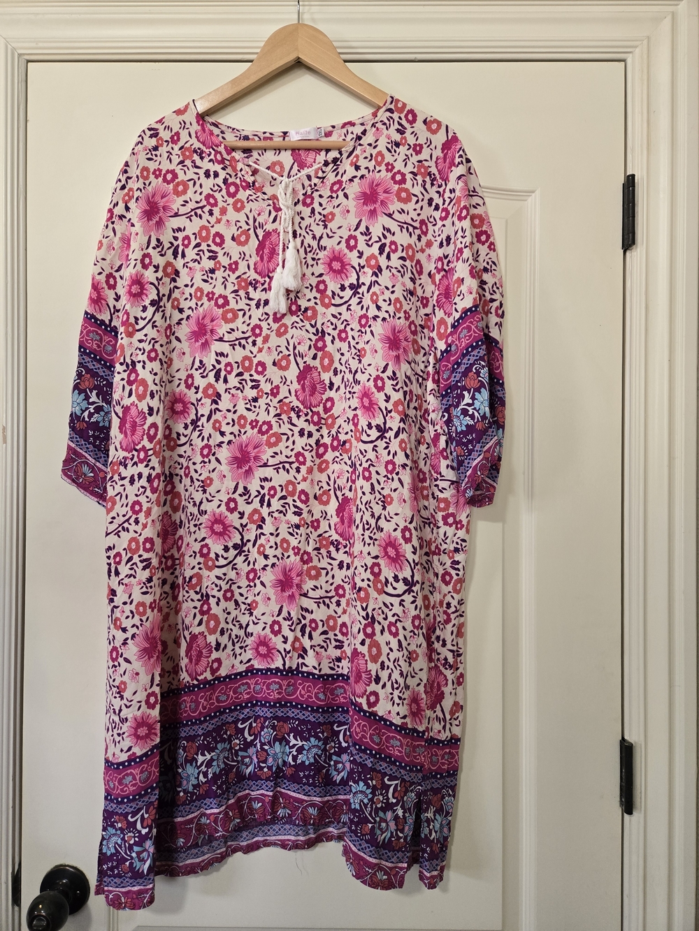 Boho Pink Floral Tunic with Tassel Neckline